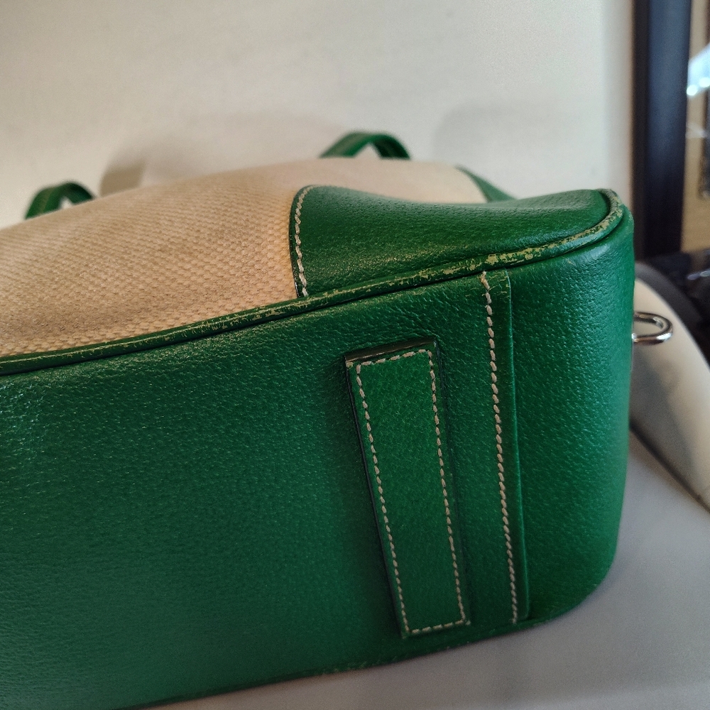 Prada Cinghiale Leather Trimmed Canapa Grezza Shoulder Bag Green Beige - Picture 9 of 13